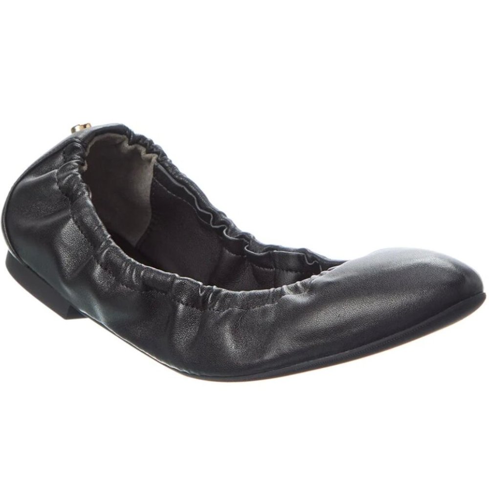 NWOB Stuart Weitzman Gabby Scrunch Rivet Black Leather Flat Ballet Shoe